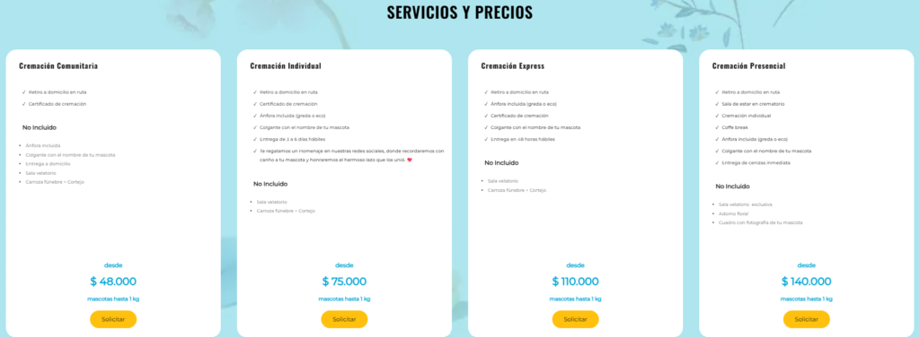 tabla precios basse servicios cremacion  EternaPet