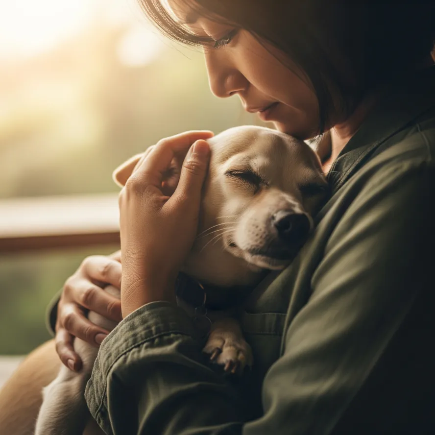Mujer abrazando su cachorro