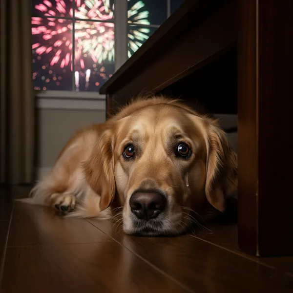 Perro asustado por fuegos artificiales