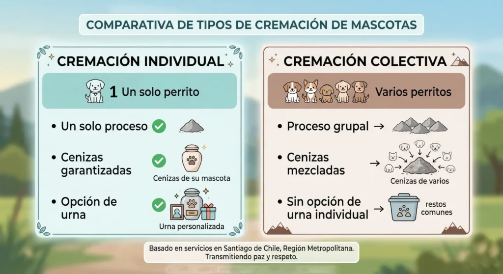 Infografía comparativa tipos de cremación de mascotas.