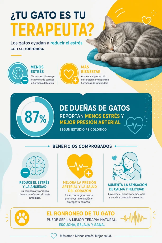Infografía mostrando estadísticas: 87% de dueñas de gatos reportan menos estrés y mejor presión arterial, según estudio psicológico.