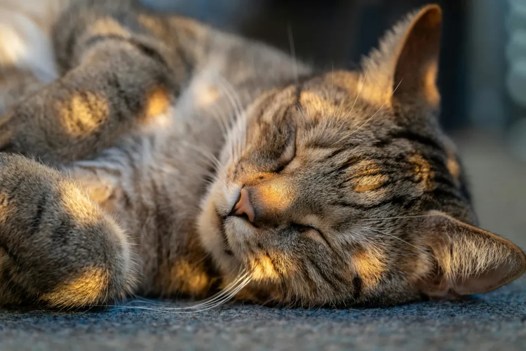 Primer plano del pelaje de gato naranja iluminado por el sol, texto sobre beneficios de la frecuencia del ronroneo para la salud.